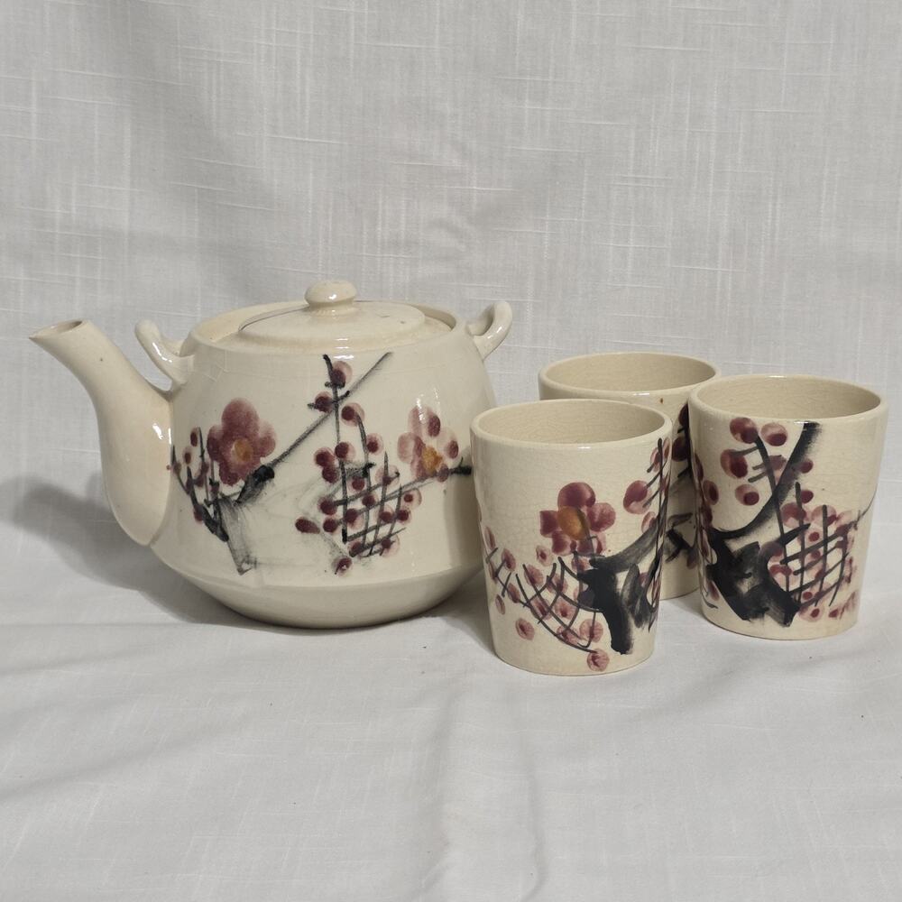 Vintage Japanese Pottery Tea Set Teapot 3 Cups Hand Painted Floral Crackle Glaze